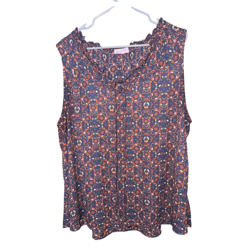 Molly Isadora 3X Floral‎ Print Tie Neck Sleeveless Blouse Top